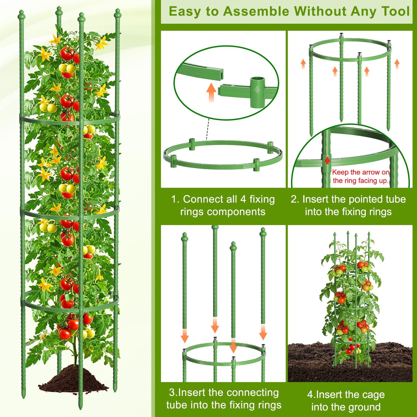 Fabulas Tomato Cage, 59 Inch Adjustable Tomato Plant Support Cages for Garden and Pots, Steel Core Plastic Coated Trellis for Raised Bed Climbing Plants Cucumber Beans Vegetable Flower Fruit, 3 Pack