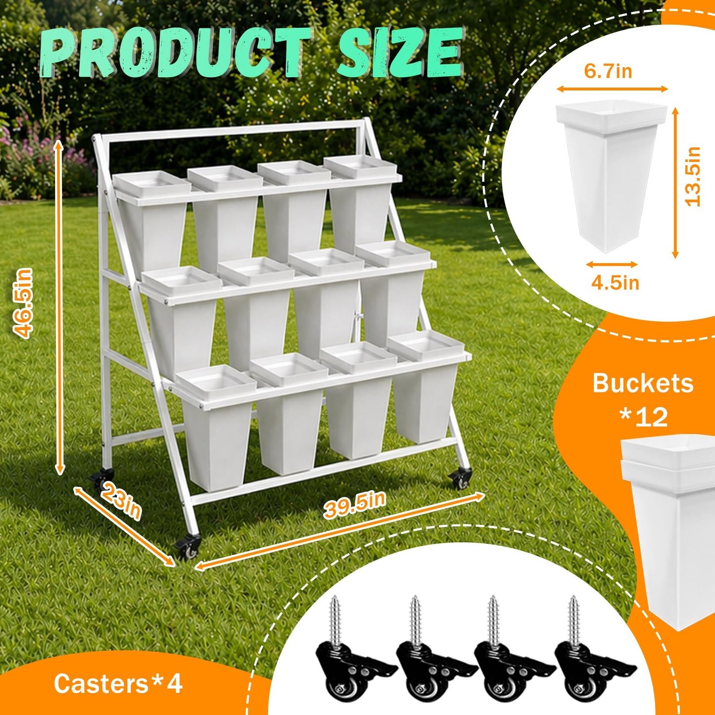 PROLEE Flower Stand with 12 Buckets, Flower Display Stand with Wheels, Flower Cart, Moving Florist Bouquet Shelf, Triangular (White)