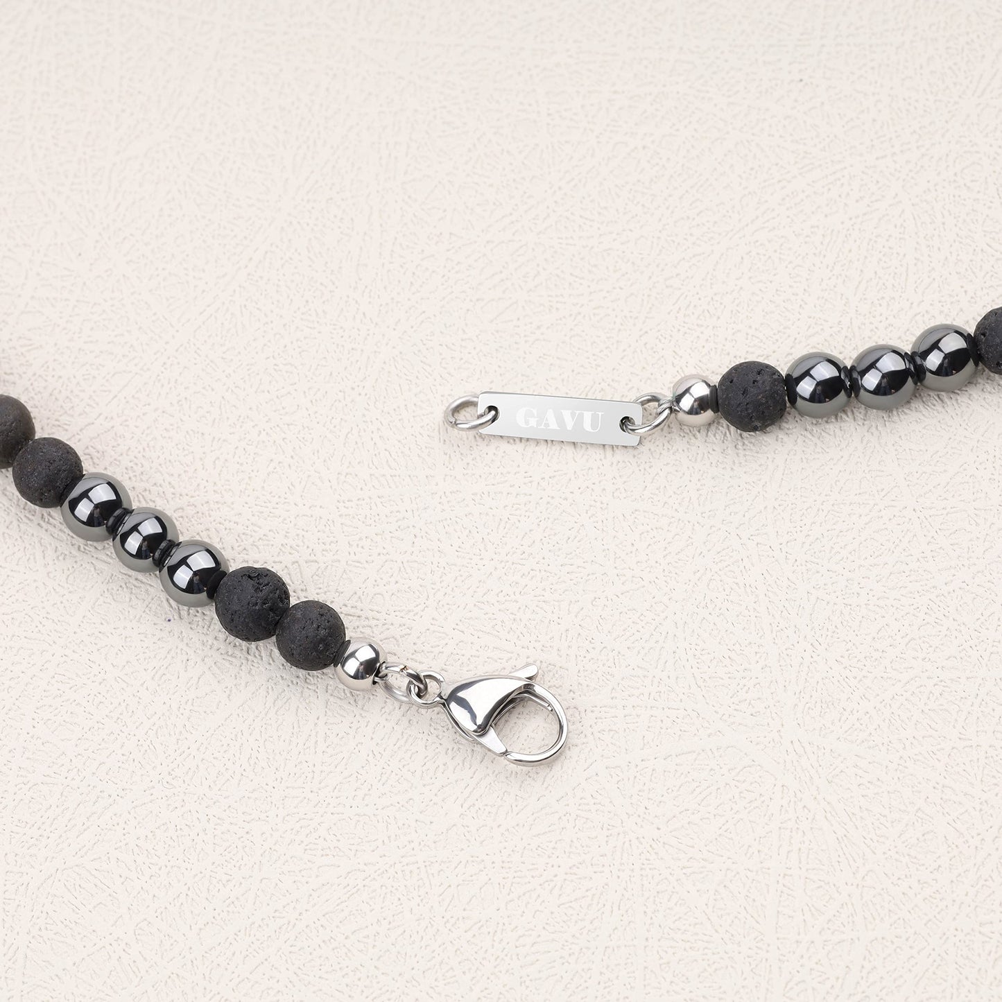 GAVU Men's Crystal Lava Hematite Beaded Black Stone Necklace 24"