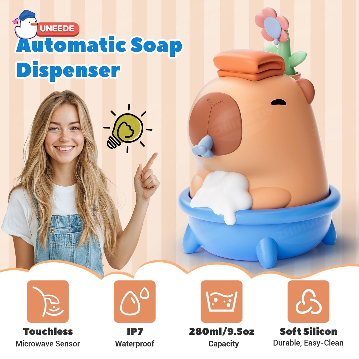 UNEEDE Capybara Hand Soap Dispenser, Automatic Touchless Foaming with Advanced Sensor, IP7 Waterproof, Portable & Wall Mount Rechargeable, 9.5oz/280ml, Cute Soft Silicone for Bathroom, Decor Gifts