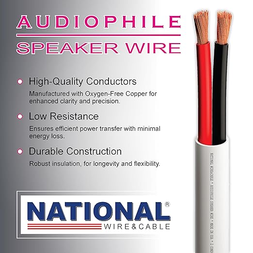NATIONAL Wire&Cable - 12/2 Audiophile Speaker Wire (25 Feet) 12AWG Gauge - Made in USA - in Wall Audio Speaker Wire Cable/CL Rated/ETL Listed / 2 Conductors - OFC Oxygen-Free Copper, White 25ft