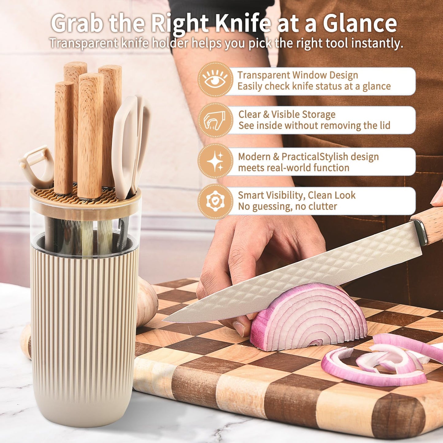 TOPLUCKY Knife Set, 7-Piece Kitchen Knife Set with Sharp Chef and Meat Knives, Anti-Rust Utility Knives Set for Kitchen, Kitchen Knife Block Set – Khaki