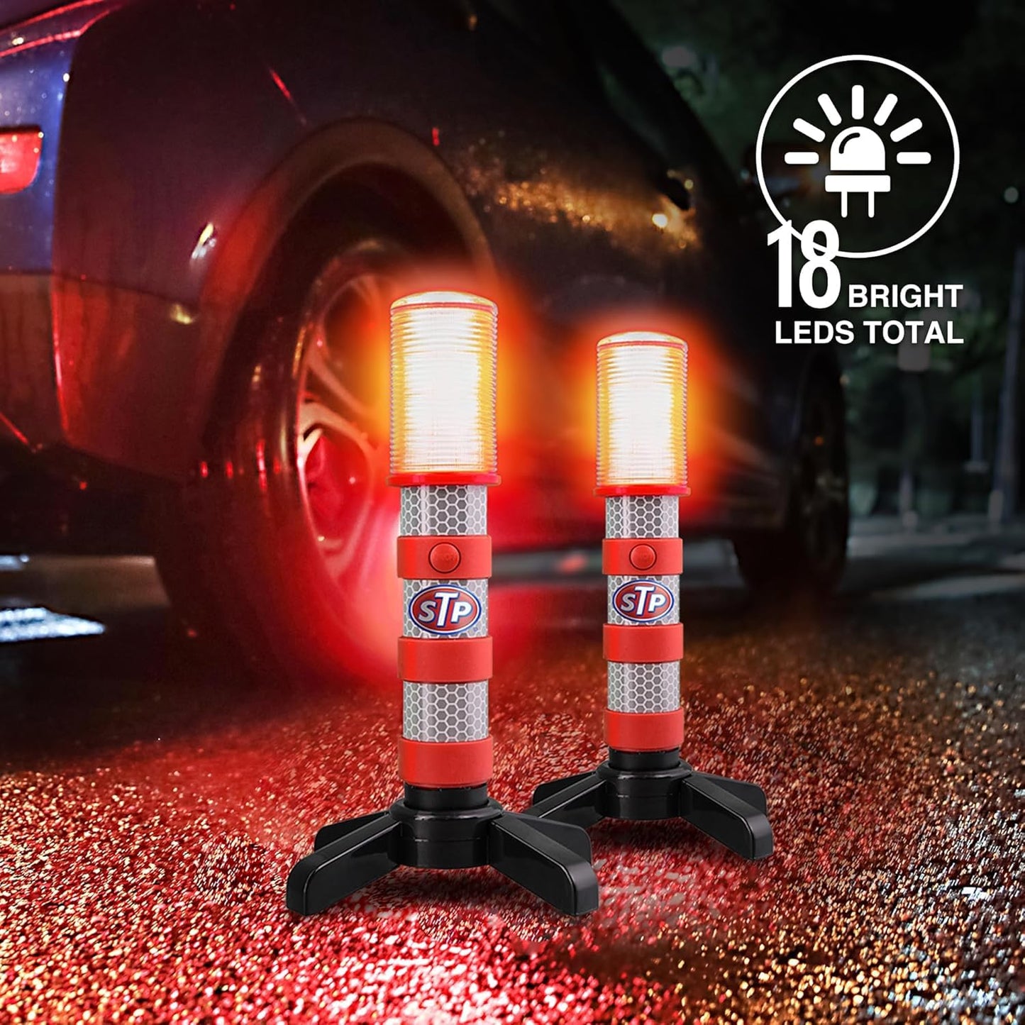 XTREME STP LED Road Flares, 3 Alert Lighting Modes: Flashing Red, Solid Red & White Flashlight, Emergency Flares for Vehicles, Visible From Up To A Mile, Foldable Stand/Built-In Magnet Sticks To Car