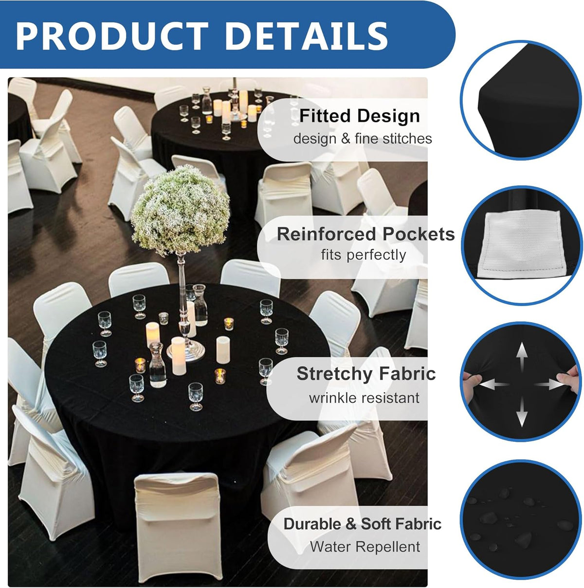 Fitted Round Table Covers 5ft-Spandex Elastic Table Cloths 6 Pack 60 Inch-Black Small Stretch Folding Tablecloth for Weddings Banquets Restaurant Buffet Event Parties Vendor Stand Tables