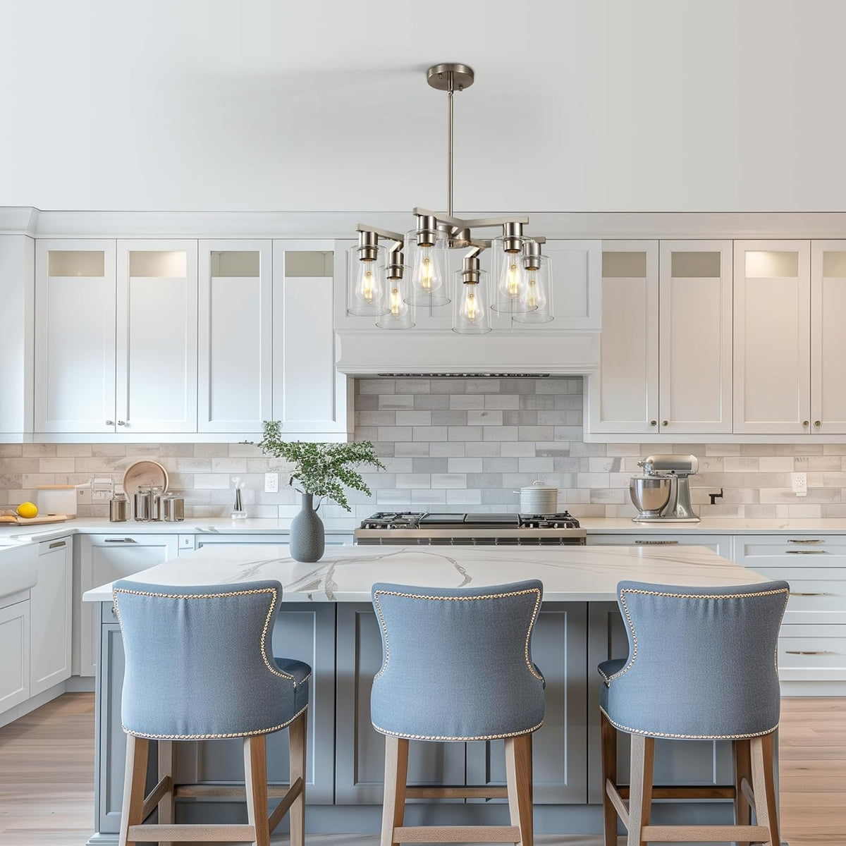 6-Light Farmhouse Brushed Nickel Chandelier,Modern Chandeliers for Dining Room Light Fixture Over Table,Adjustable Hanging Industrial Rustic Pendant Lights Kitchen Island Light with Clear Glass Shade