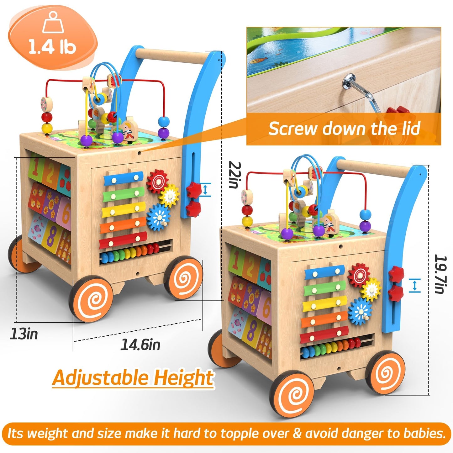 9-in-1 Wooden Activity Cube | Wooden Baby Walker, Sit-to-Stand Learning Walker Activity Center, Early Educational Push & Pull Toys for Baby Toddler Boys Girls, Height & Brake Adjustable