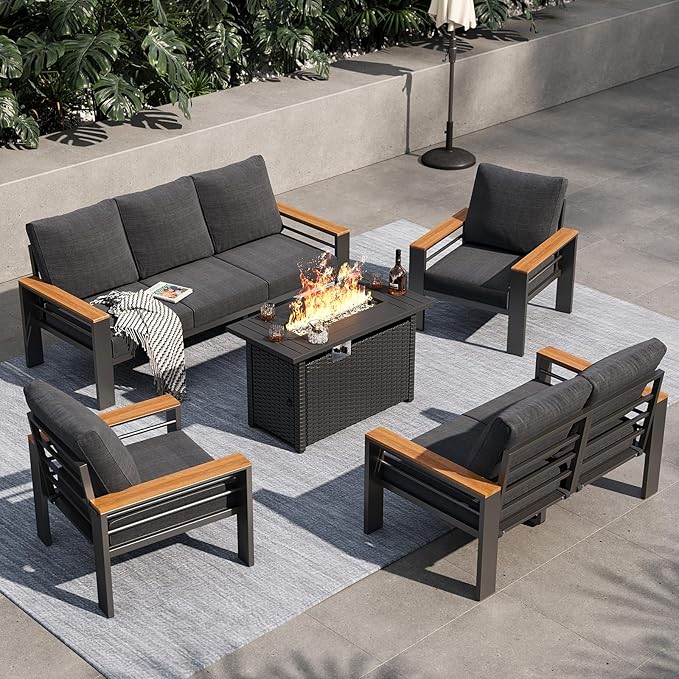 Aoxun Aluminum Outdoor Patio Furniture Set, 8-piece Outdoor Sectional with 44'' Propane Gas Firepit Table, Patio Conversation Sets with Upgraded Armrests and Cushions for Backyard, Garden and Poolside