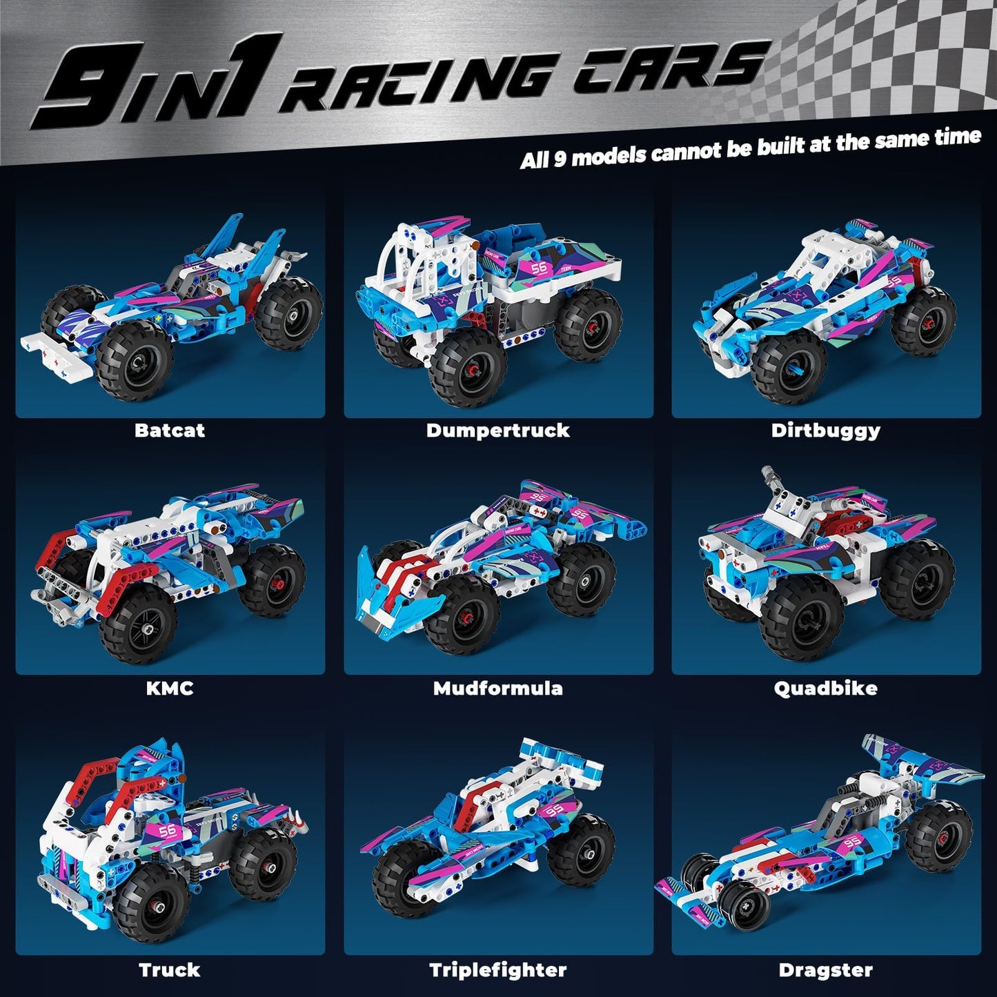 Glikid Technic 9 in 1 Pull-Back Car Building Set - Off-Road Race Vehicle Models for Boys and Girls, STEM Engineering Toy for Kids Ages 8 and Up | Ideal Gift for Birthdays