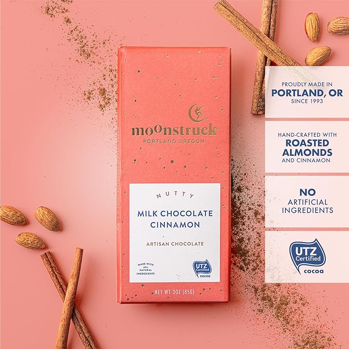 Moonstruck Chocolate Milk Chocolate Bar with Cinnamon Vanilla and Almond, 31% Cacao, 3.0oz (Pack of 4)