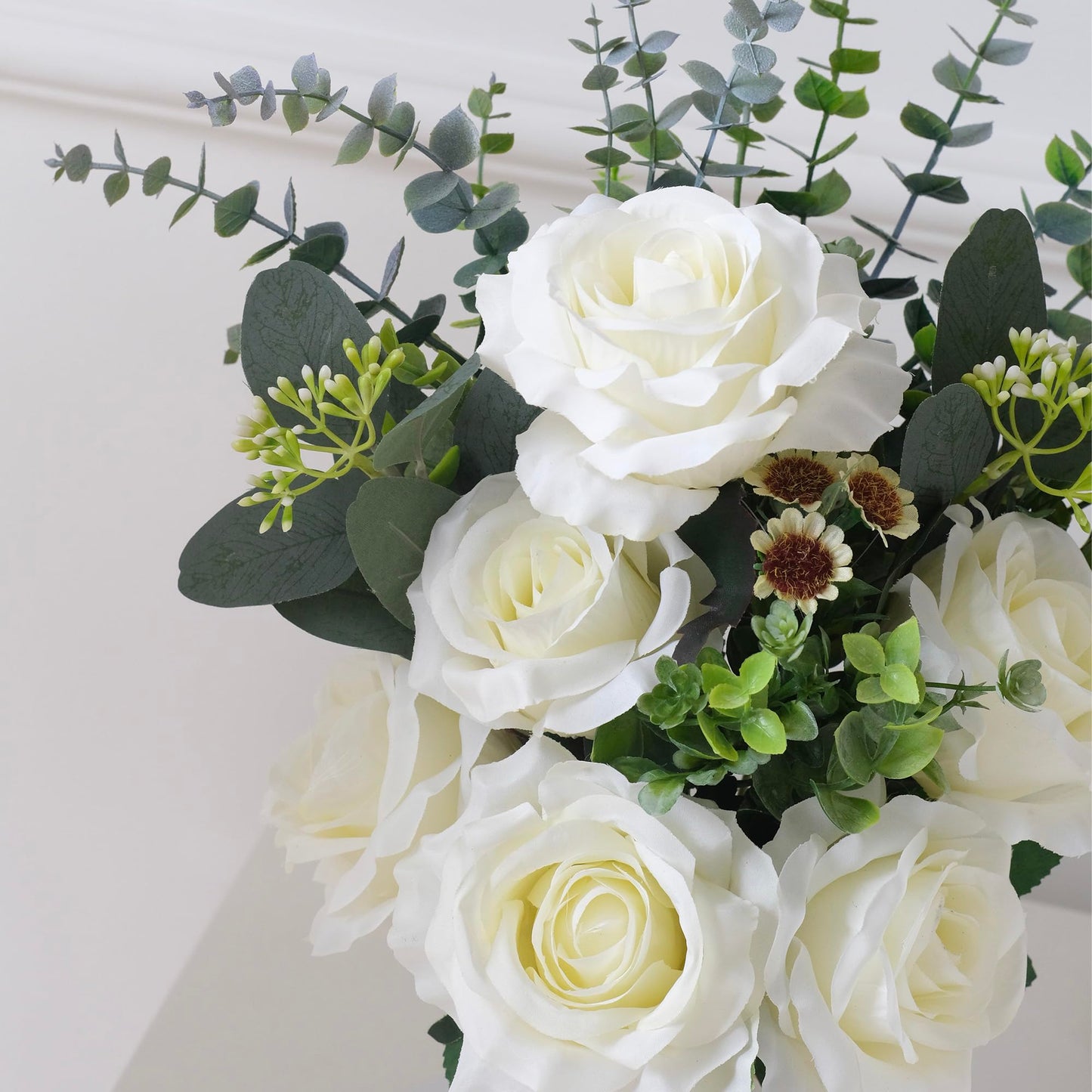 Artificial Rose Flower Arrangement in 6'' White Ceramic Vase with Heart Charm Décor, Flower Arrangement with Eucalyptus Stems and Greenery, Rustic Farmhouse Table Centerpiece, 14"H x 9’’W
