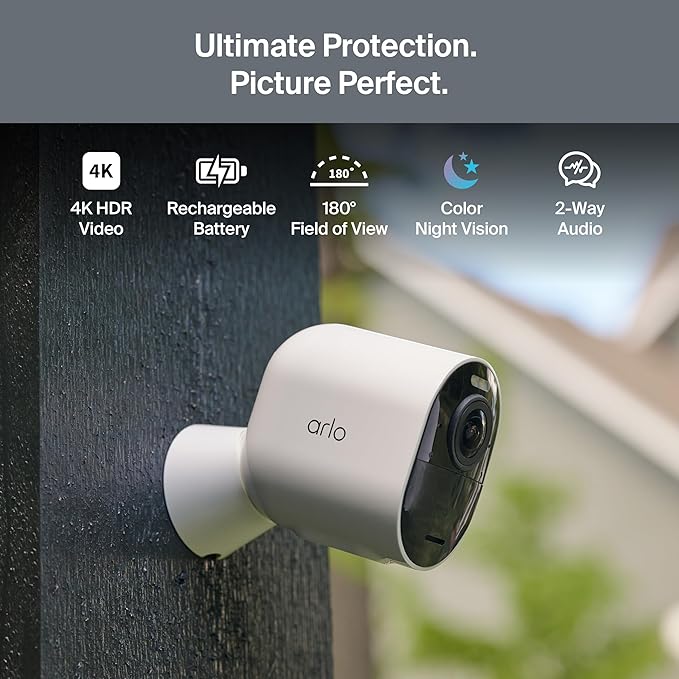 Arlo Ultra Security Outdoor Camera 4K HDR (3rd Gen, 2025 Release) + SmartHub, Battery Power, Emergency Response, AI Event Captions, 1-Month Trial of Secure Plan, 180° Field of View, 4 Cam, White