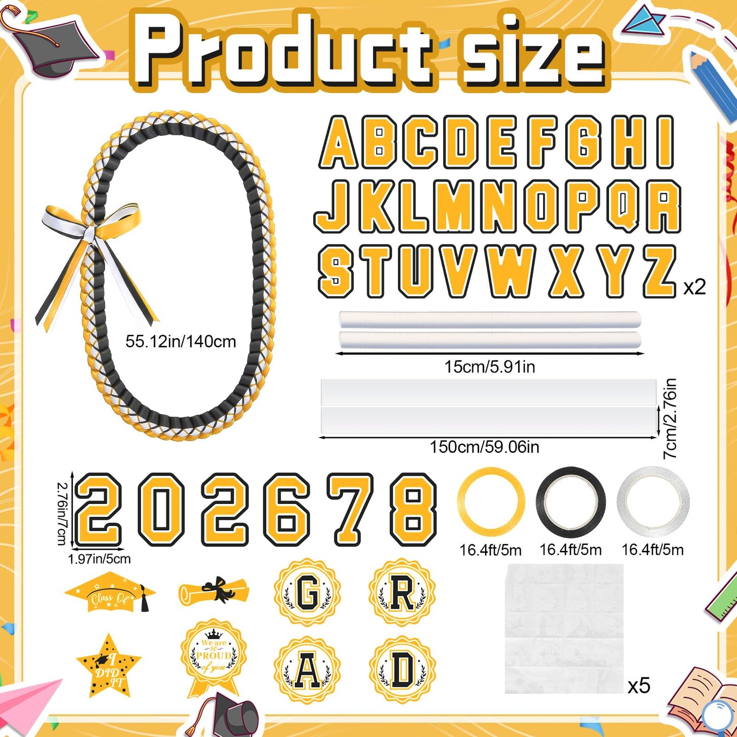 JenPen Graduation Ribbon Lei 2026 Candy Money Lei Kit with Card Double Braided Leis Class of 2026 Grad Gift for Party(Black,White,Gold)