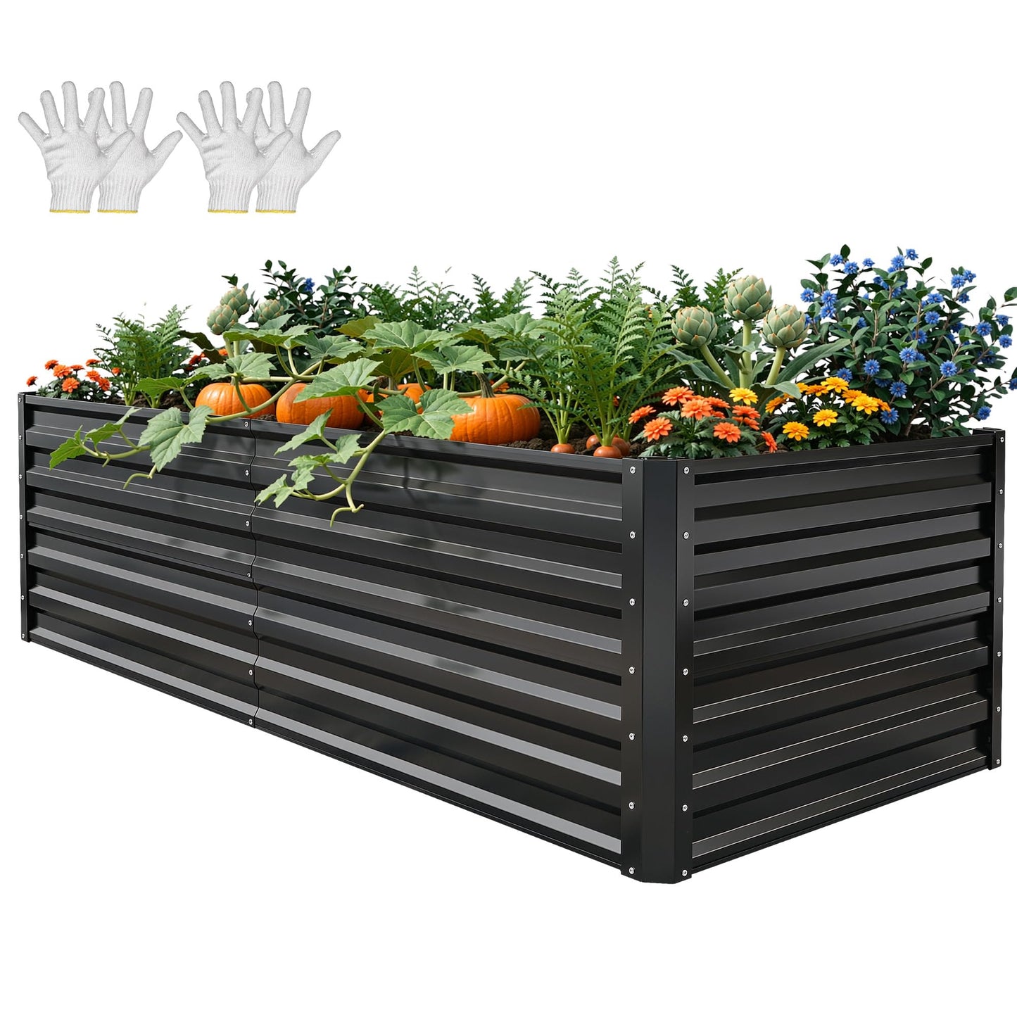 YITAHOME 6x3x2ft Large Raised Garden Bed Kit, Galvanized Metal Planter Box with Gloves, Support Rod, Outdoor Above Ground Planters for Plants, Vegetables, Flowers, Black