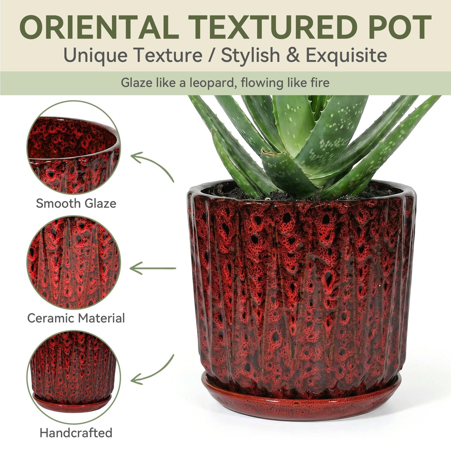 TOSELBAI 7.5 Inch Ceramic Planter Pot with Saucer Drainage Leak-Proof Mesh,Flower Pots for Indoor Plants with Gardening Gloves,Ceramic Planter(Spotted Red)