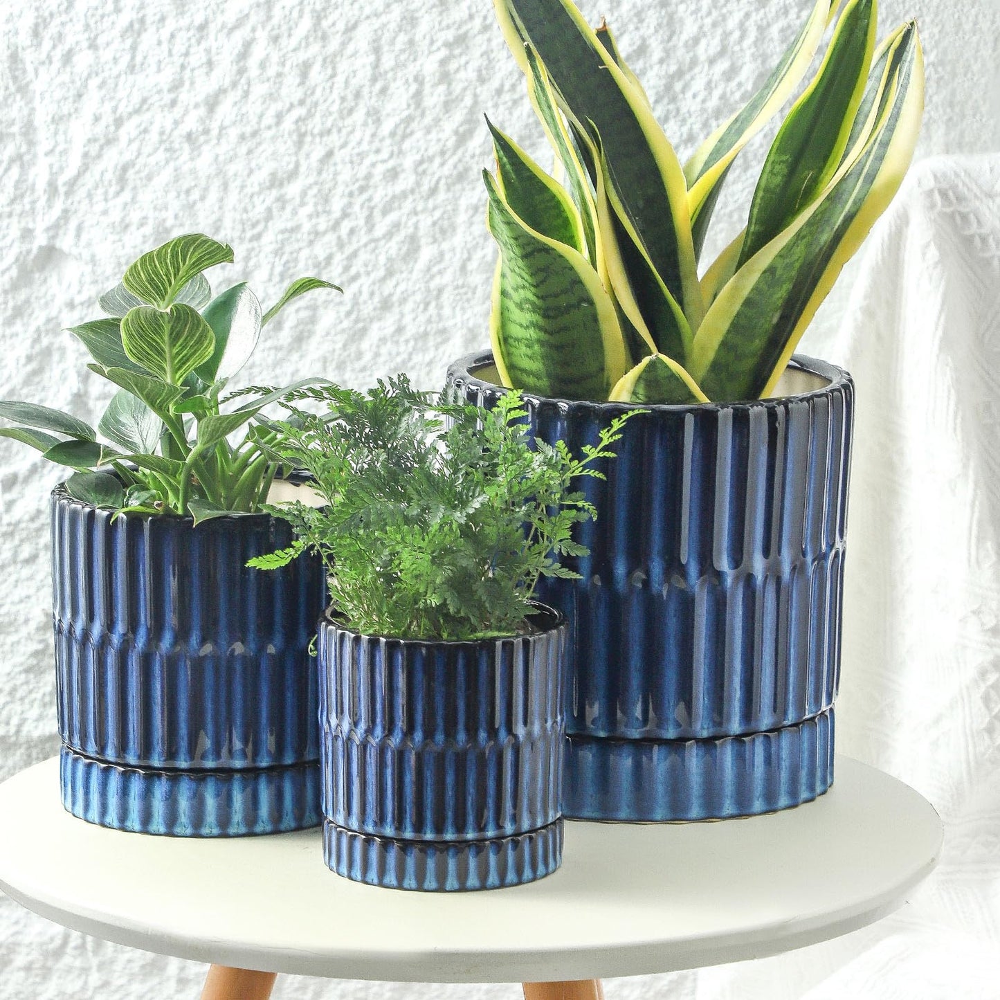 HASENSE Ceramic Plant Pots Set of 3 (8+6+4.6 Inch), Flower Planters with Drainage Hole and Saucer, Indoor Planter Pots for Succulents, Herbs, Ideal for Home Office Desktop Garden Decor(Blue)