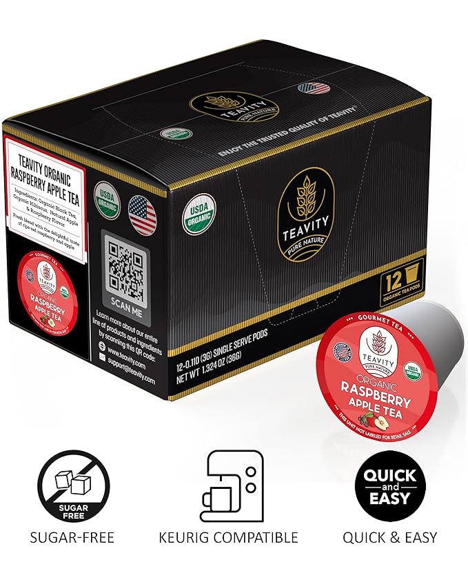 Organic Raspberry Apple Black Tea Pods for Keurig - Naturally Caffeinated Fruit Tea by Teavity (12 Tea Pods)