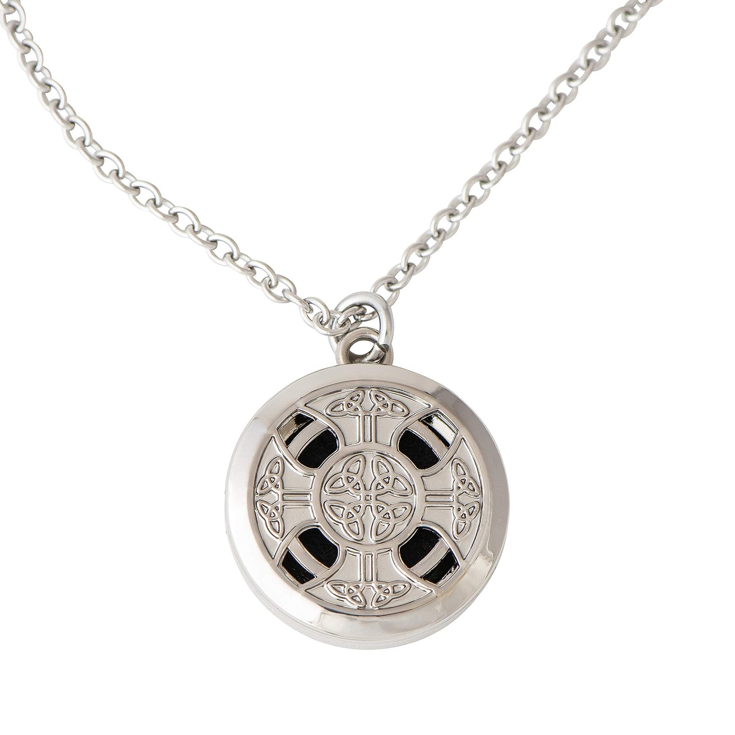 Wild Essentials Celtic Cross Essential Oil Diffuser Nickel Free Alloy Locket Pendant with 24 inch Chain, 6 Refill Pads, Customizable Color Changing Perfume Jewelry for Aromatherapy