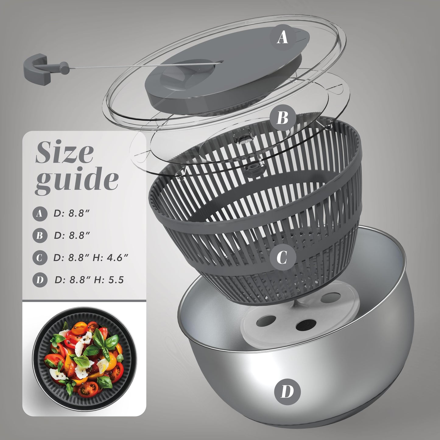 COOK WITH COLOR Stainless Steel Salad Spinner - 5 Qt. Lettuce Washer And Vegetable Spinner Dryer for Easy Salad Prep - Non Slip Base with Pull Handle - Auto Stop Brake System, Stain and Odor Resistant