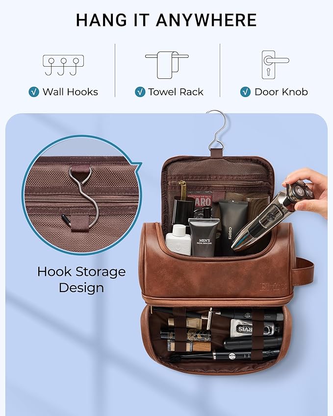 Elviros Toiletry Bag for Mens PU Leather Travel Organizer Kit with Hanging hook, Large Water-resistant Toiletries Bathroom Shaving Bags, Gift For Men (Brown)