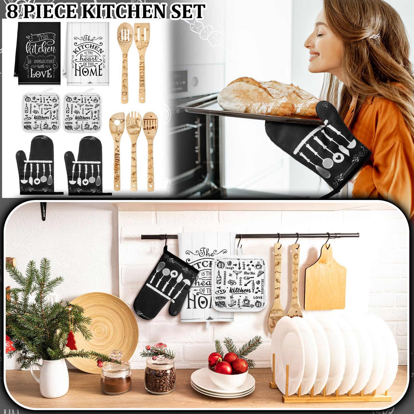 Bencailor 13 Pcs Christmas Kitchen Sets Christmas Aprons Oven Mitts and Pot Holders Dish Towels Wooden Spoons for Xmas Gifts(Black White, Kitchen)