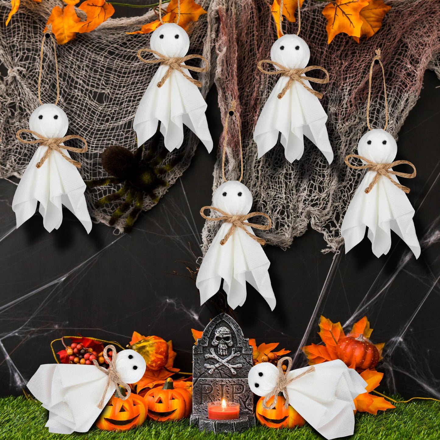 40 Pcs Small Halloween Ghost Hanging Ornaments, 4Inch Mini Halloween Cute Ghost Tree Ornaments Decor for Bedroom, Classroom, Yard, House Party