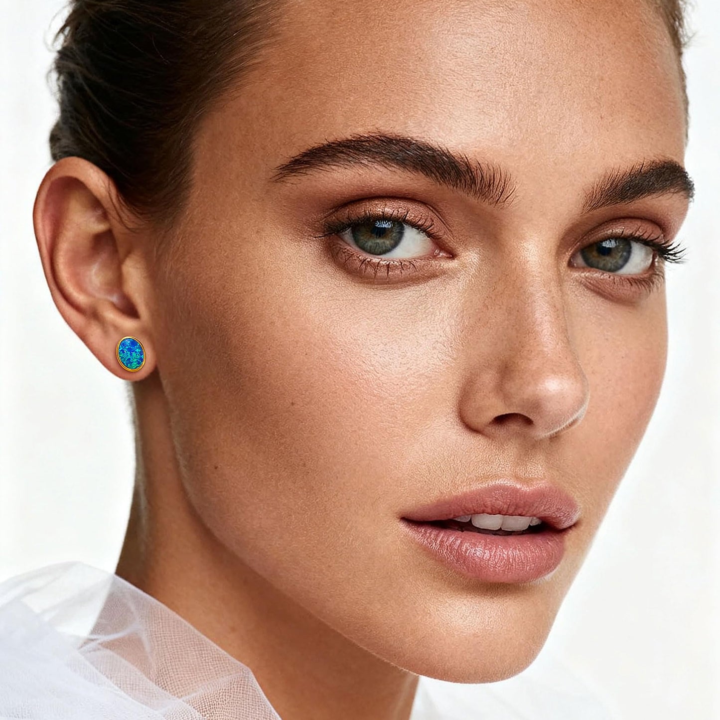 JiayangJY Silver Blue Fire Opal Stud Earrings for Women 18K Yellow Gold Plated Sterling Silver Oval Shape 6mm Opal Earrings with Push Back