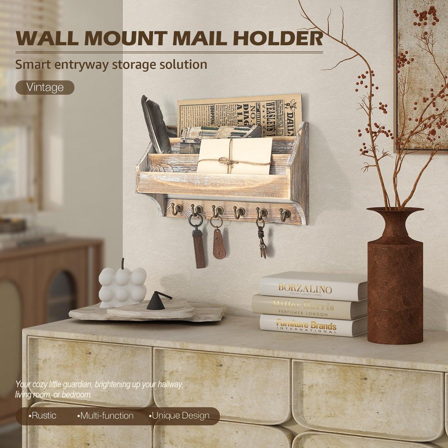 Rebee Vision Pine Wood Rustic Key Holder Wall Mount - Farmhouse 3-Tire Mail Holder with 6 Key Hooks - Multifunctional Wall Organizer for Haning Office Papaer (Natural)