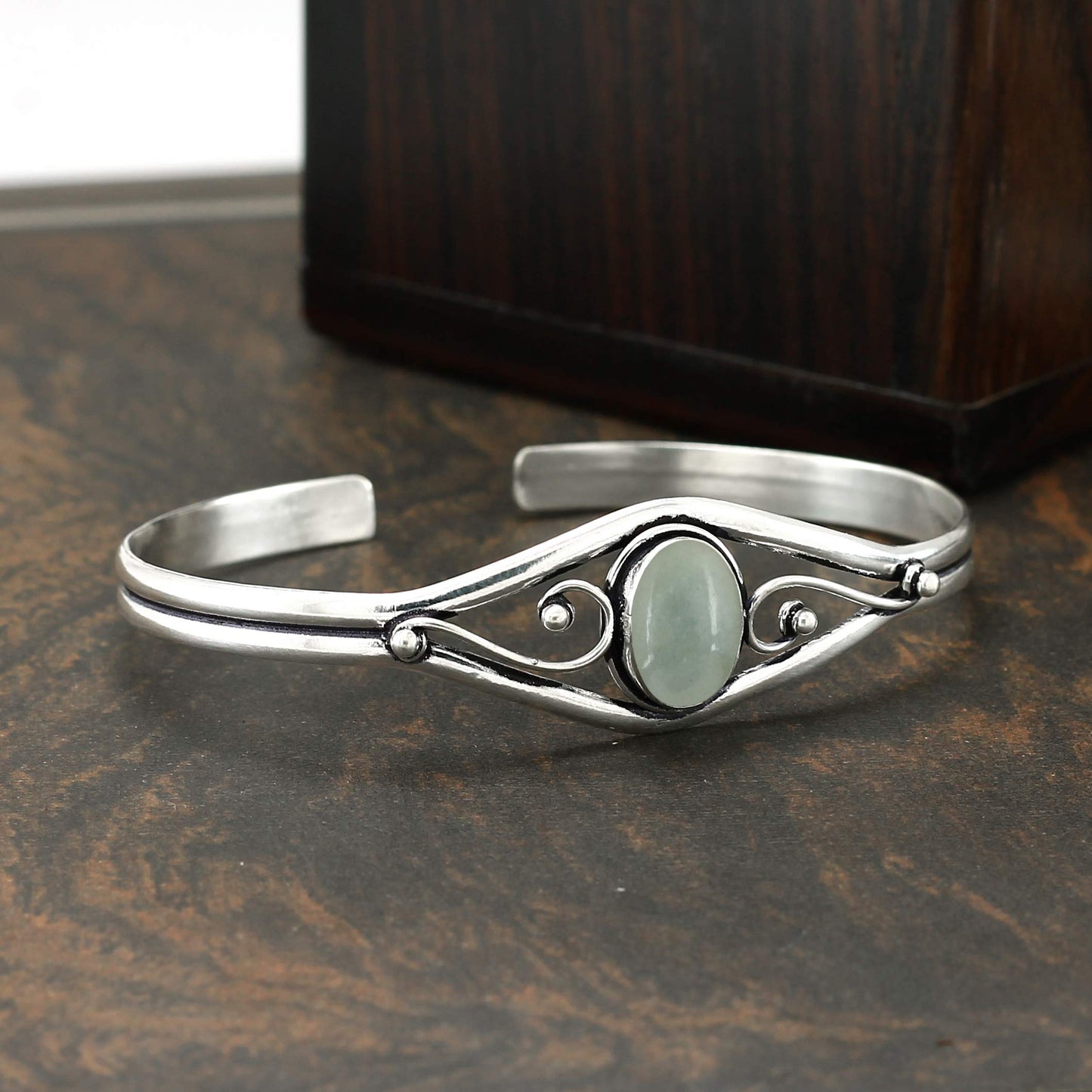 925 Silver Plated Natural Aquamarine Cuff Bangle Bracelet for Women – Handmade Open Bangle – Green Gemstone March Birthstone Statement Jewelry – Gift for Her