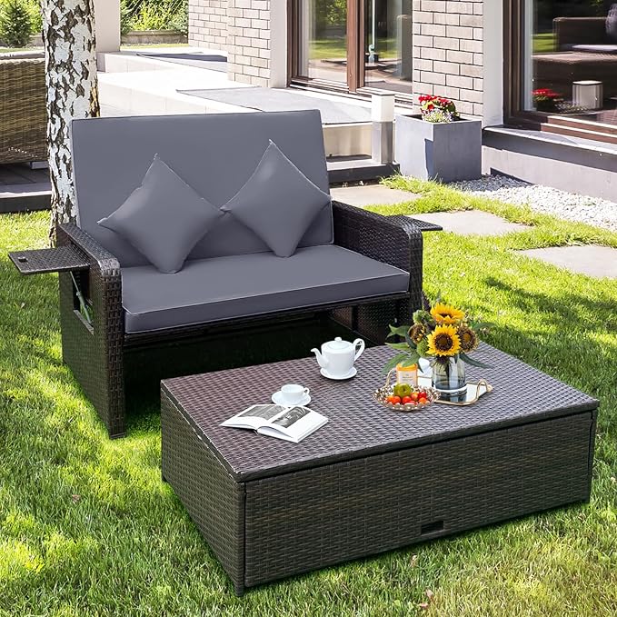 HAPPYGRILL Patio Rattan Wicker Daybed with Loveseat & Storage Ottoman, Outdoor Lounge Sofa Furniture Set with Adjustable Backrest & Side Trays, for Poolside Deck Porch Lawn (Mix Brown & Grey)