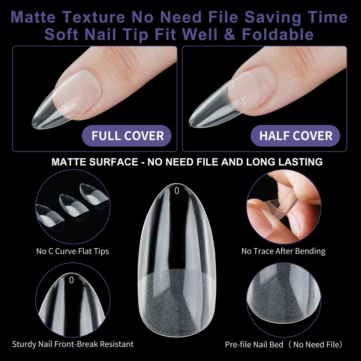 Half Matte Medium Almond Fake Nail Tips, Soft Gel Pre-Shaped Nail Tips, Full Cover False Nails with Clear Box for Nail Salons and DIY Nail Art, 600PCS/12 Sizes