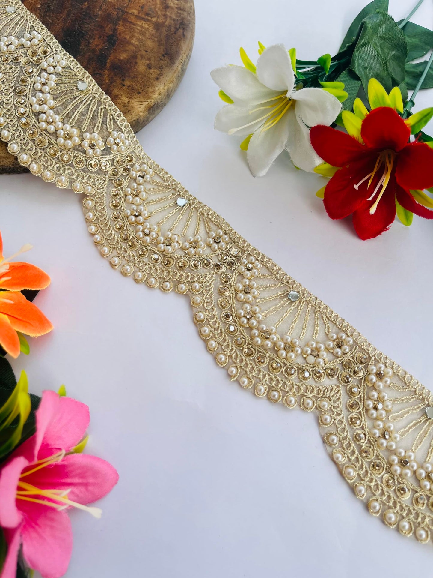 Soft Gold Scallop Lace Trim with Pearl and Rhinestone Embellishment, 2.25 Inch Wide, Available in 1, 3 and 6 Yard (1)