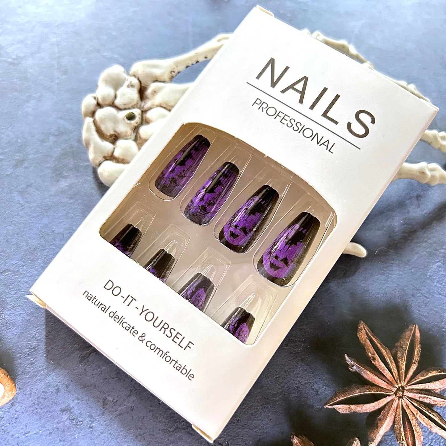 Purple Halloween Press on Nails Medium Ballet Shaped Bat False Nails Full Cover Artificial Acrylic Fingernails Jungle Castle Design Halloween Nail Glossy Festivla Glue on Nails for Women Supplies