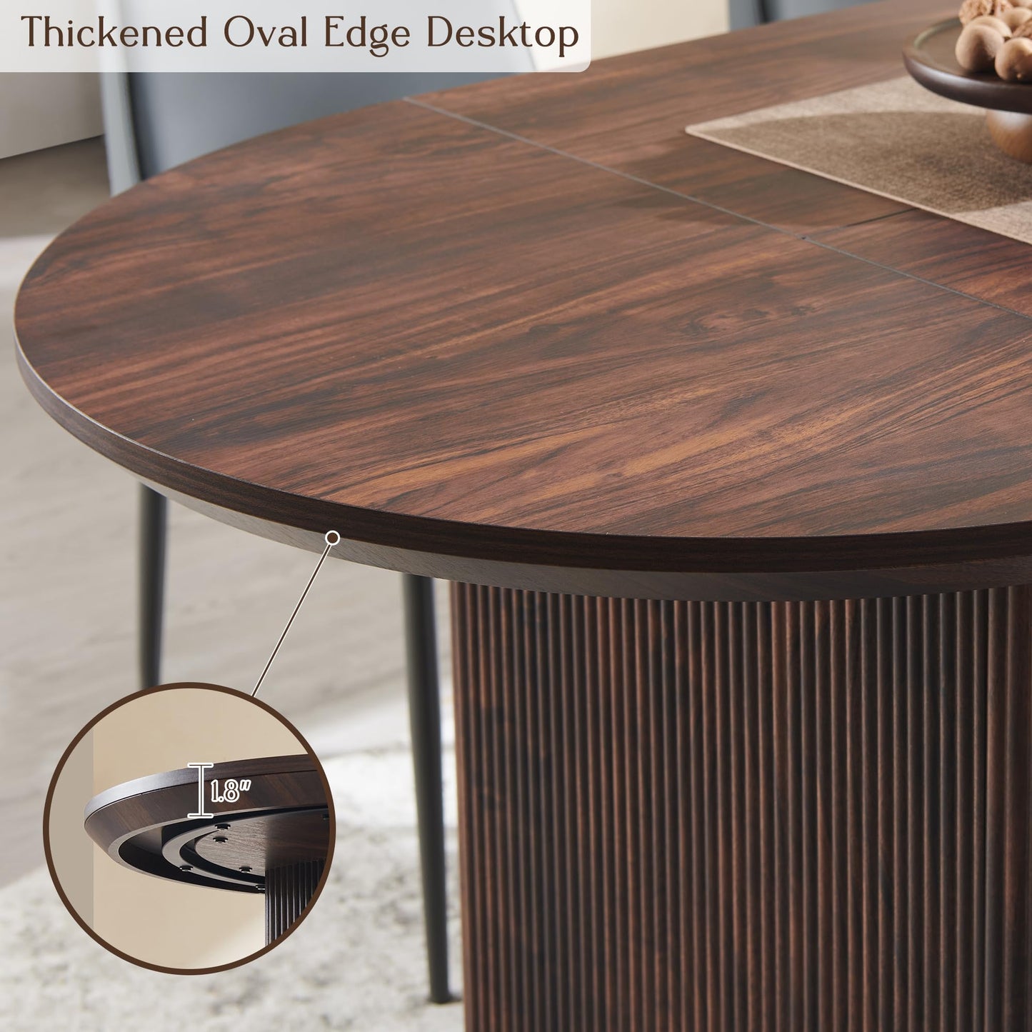 T4TREAM 63" Fluted Oval Dining Table for 4-6, Mid-Century Modern Kitchen Table with Thickened Edge & Strip Pedestal Base, Wood Luxury Table for Dining Room/Kitchen/Home Office, Walnut (Table Only)