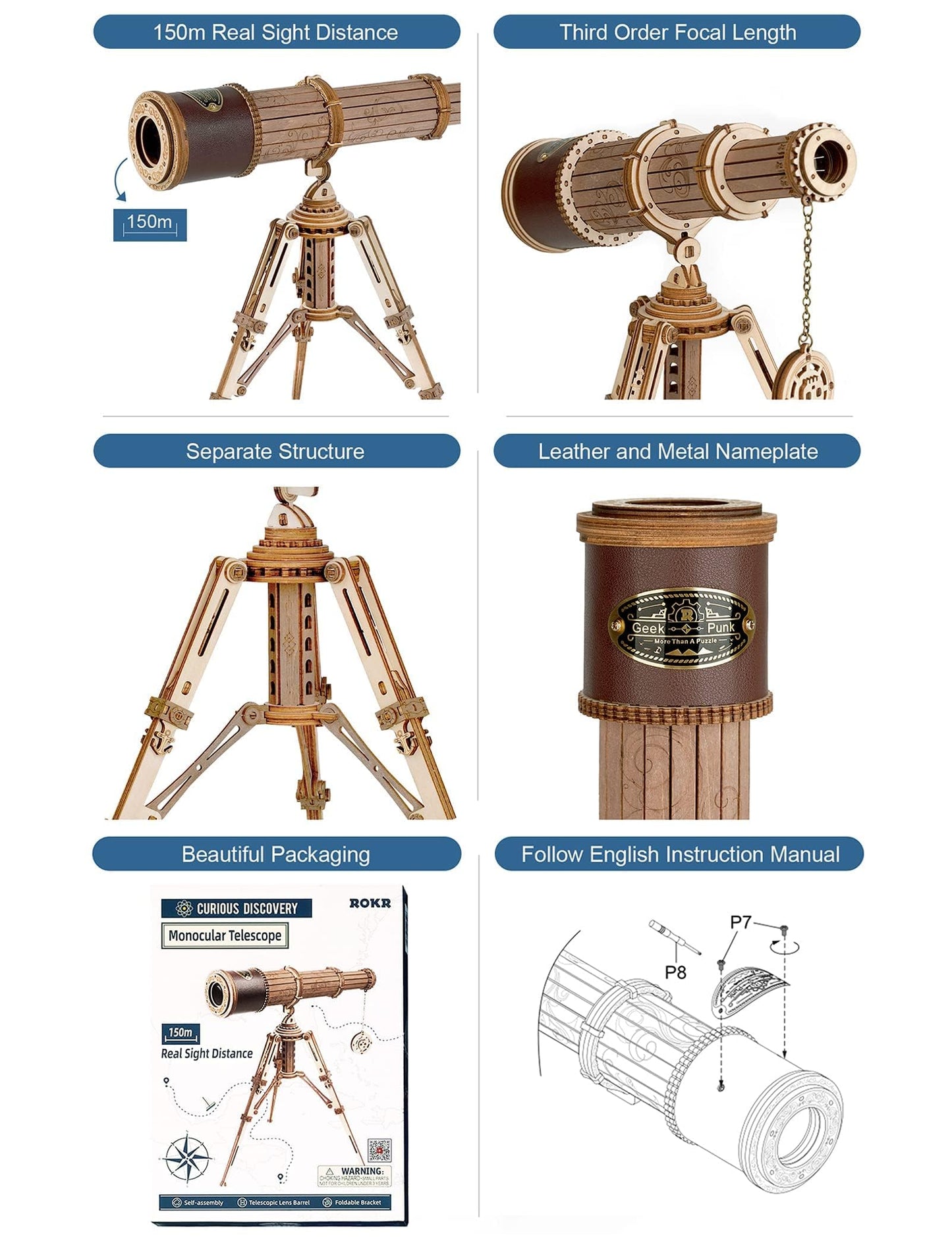 ROKR 3D Puzzles for Adults Wooden Telescope Building Model Kit with Tripod for Adults -3X Magnification Science Kit Gifts for Adult