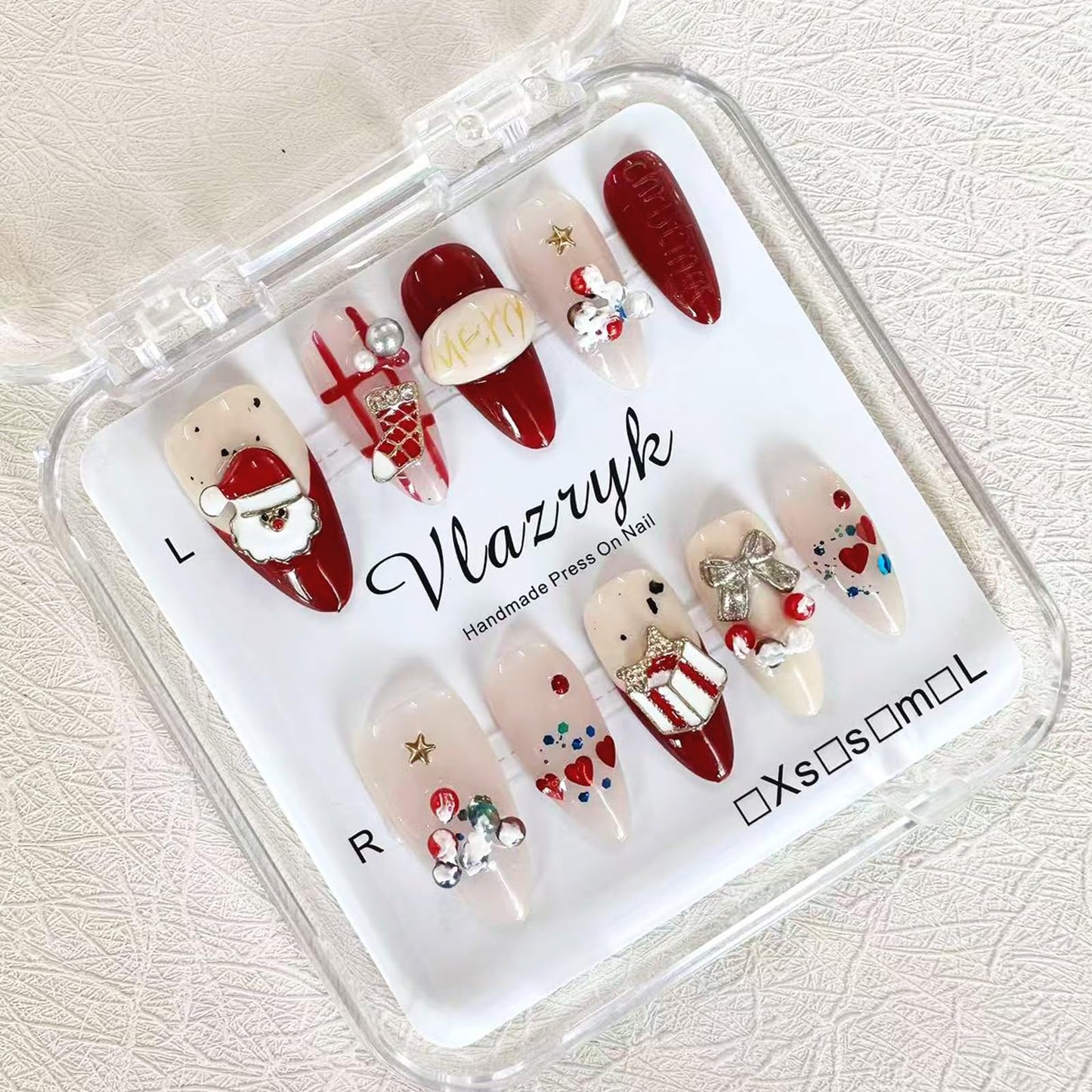 Christmas Handmade Press On Nails – 10pcs Medium Almond Fake Nails, 100% Handmade 3D Santa Claus Designs, Thick Gel Acrylic Full Cover False Nails for Women S SIZE