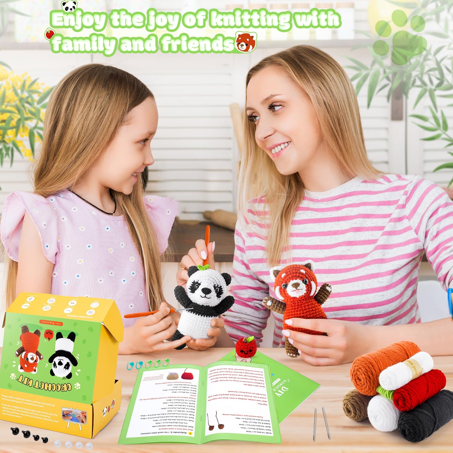 Crochet Kit for Beginners - 2PCS White and Red Panda Crochet Animal Kit with Step-by-Step Video Tutorials, Apple Crocheting Kit, Crochet Starter Kit for Adults, Beginners Knitting Kit for Birthday