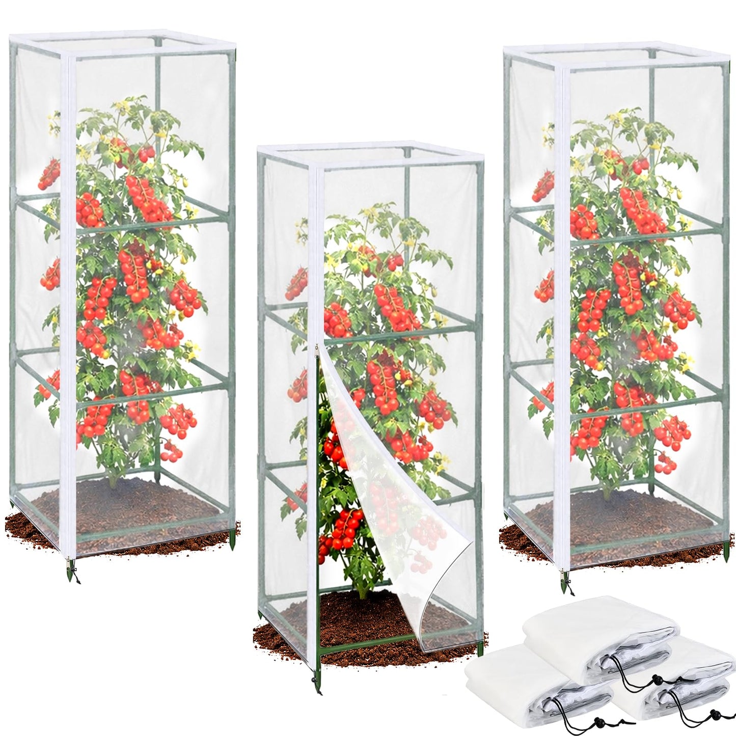 ComfyKit 3PCS Garden Bird Netting Plant Covers for Square Tomato Cage, 59" x 17.7" Reusable Tomato Cage Net with Zipper & Drawstring, Insect & Bird Barrier for Tomatoes, Fruits & Climbing Vines