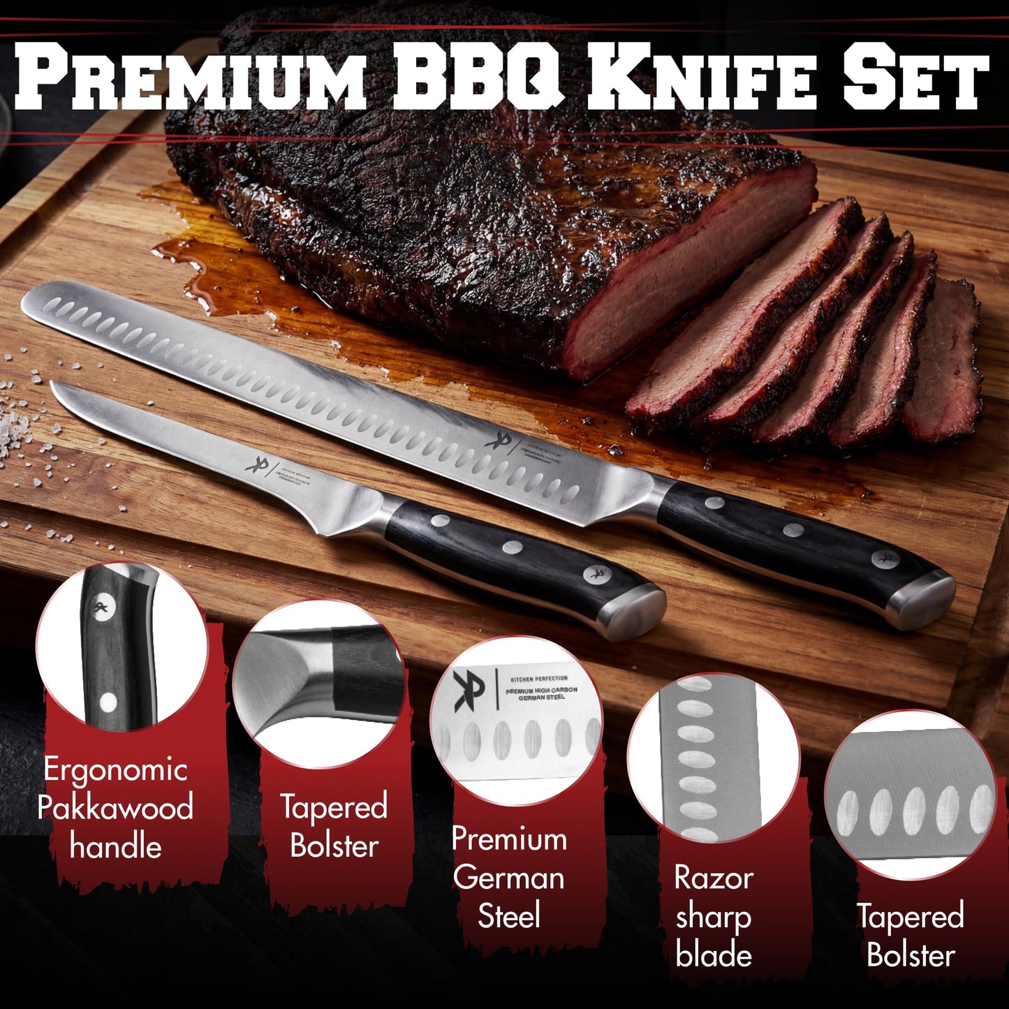 Kitchen perfection BBQ Carving Set for Meat -12” Brisket Slicing Knife +6” Boning Knife with Sheaths - Razor Sharp, Premium German Steel, Full Tang Ergonomic Handles- Perfect Grilling Gifts for Men