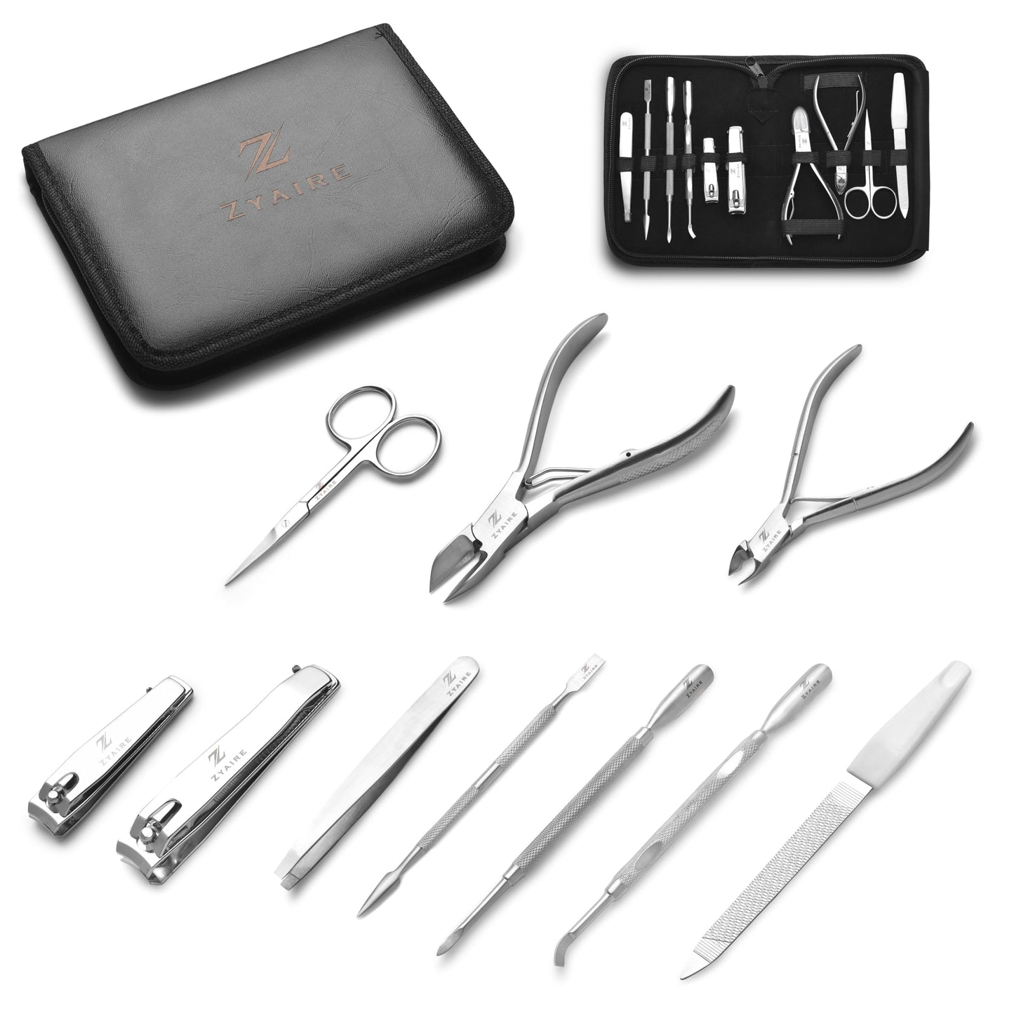 Manicure Pedicure Set - 10-in-1 Stainless Steel Grooming Kit, Personal Care Tools, Nail Nipper, Cuticle Cutter, Scissors, Tweezers, Blackhead Remover, Nail File & Case (Black)
