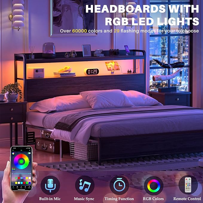 Aheaplus Headboard for Full Size Bed Frame, Headboards with Outlets, USB Ports and LED Light, Head Board with Storage, Height Adjustable, Sturdy and Stable Headboard, Full Size, Black Oak