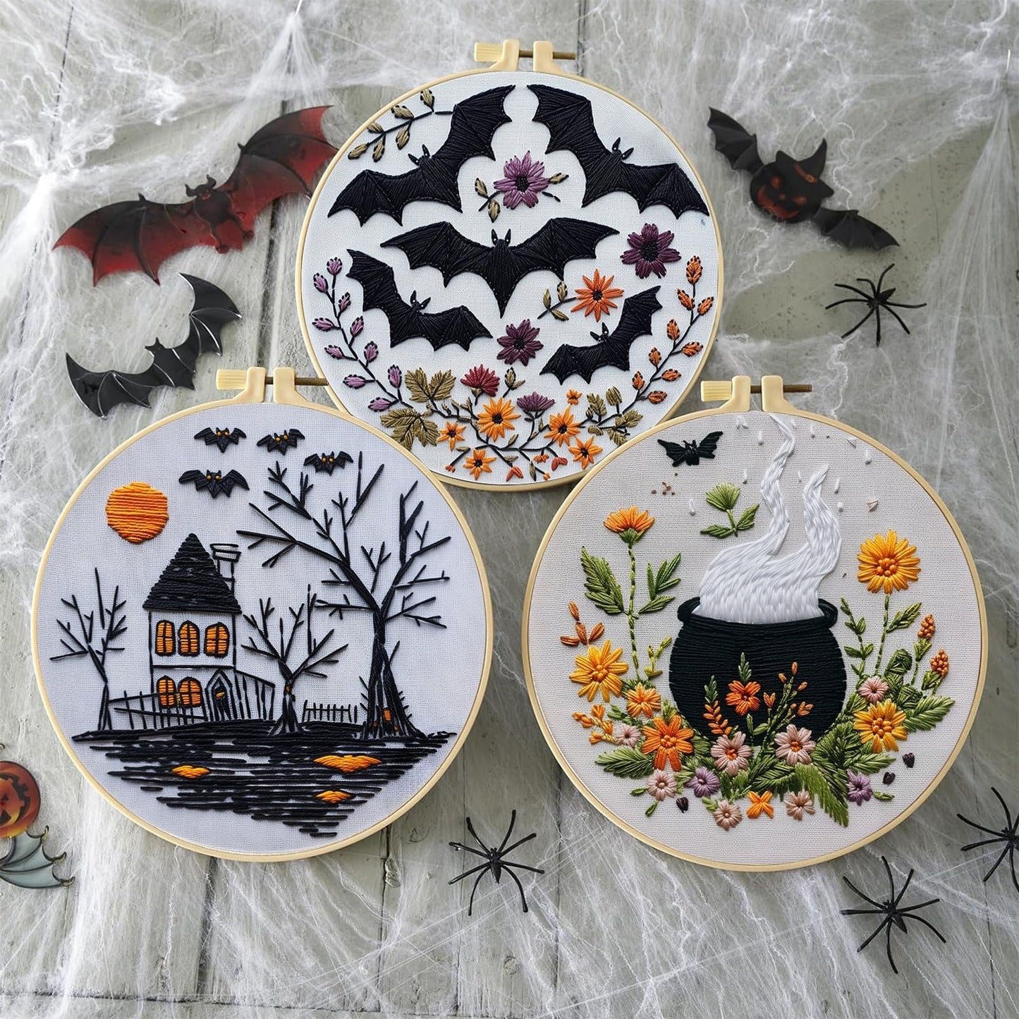【Beginner Friendly Embroidery】 3 Set Halloween Embroidery Kit, Gothic Embroidery Starter Kit, DIY Stamped Cross Stitch Kits for Adults with Needles and Thread Included