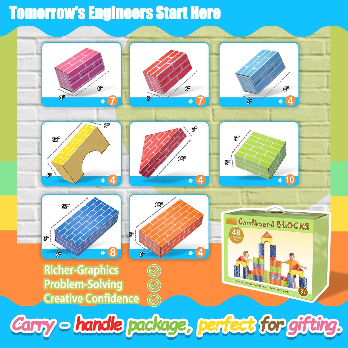 Cartboatoy 48-Pack Cardboard Building Blocks for Kids: 26/36/48 Jumbo Gifts Heavy Duty Develop Creative Thinking Spatial Reasoning Easy to Assemble