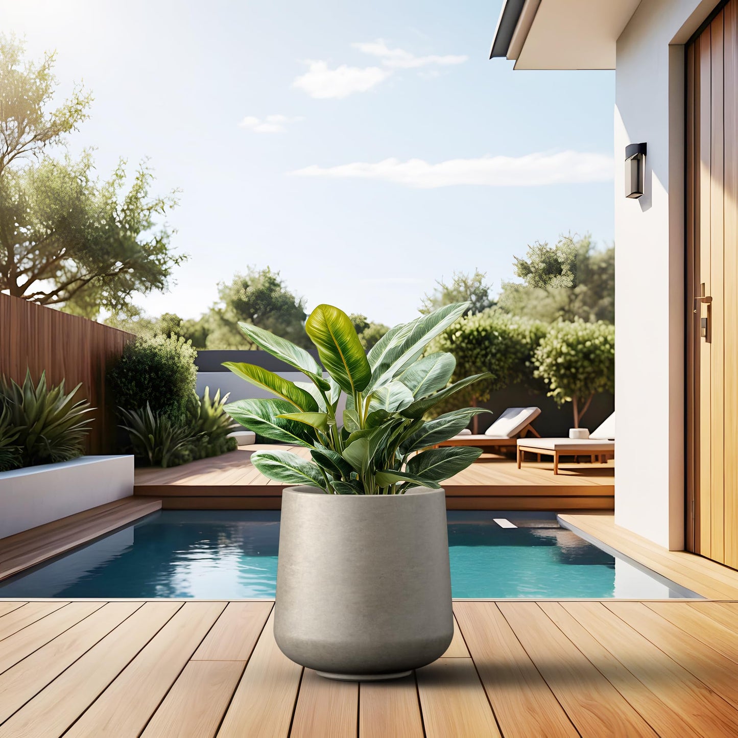 Kante Round Concrete Planter, 13 Inch Dia Barrel-Style Garden Pot with Drainage, Weathered Concrete Finish with Painted Interior, Ideal for Home, Patio and Garden (10.2" Opening)