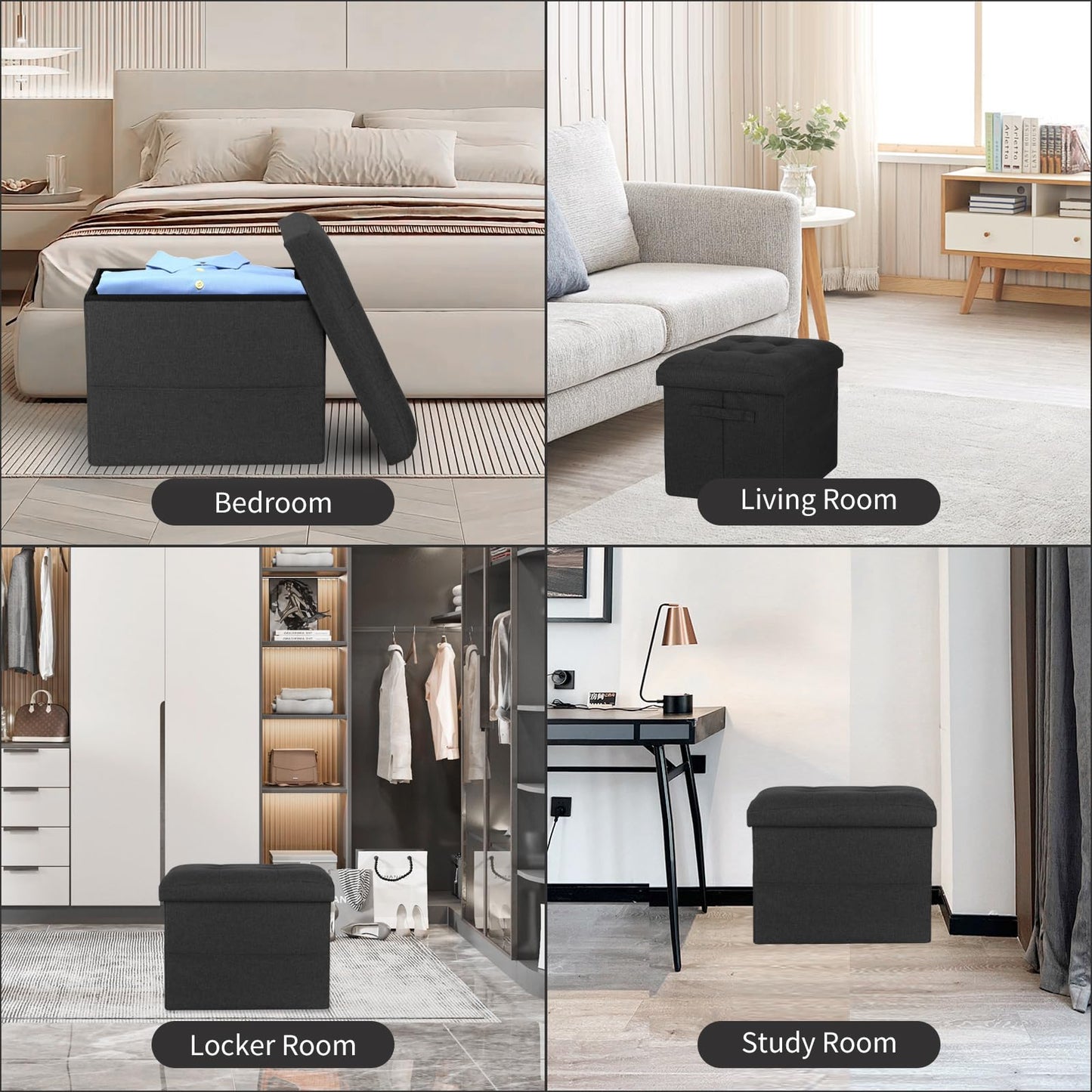 FaiPue Storage Ottoman Foot Rest with Thicker Foam Padded Seat. Small Bench with Storage. 350 lbs Linen Folding Footstool Bench for Living Room, Bedroom, Home Office. 17x13x13in, Gray Black