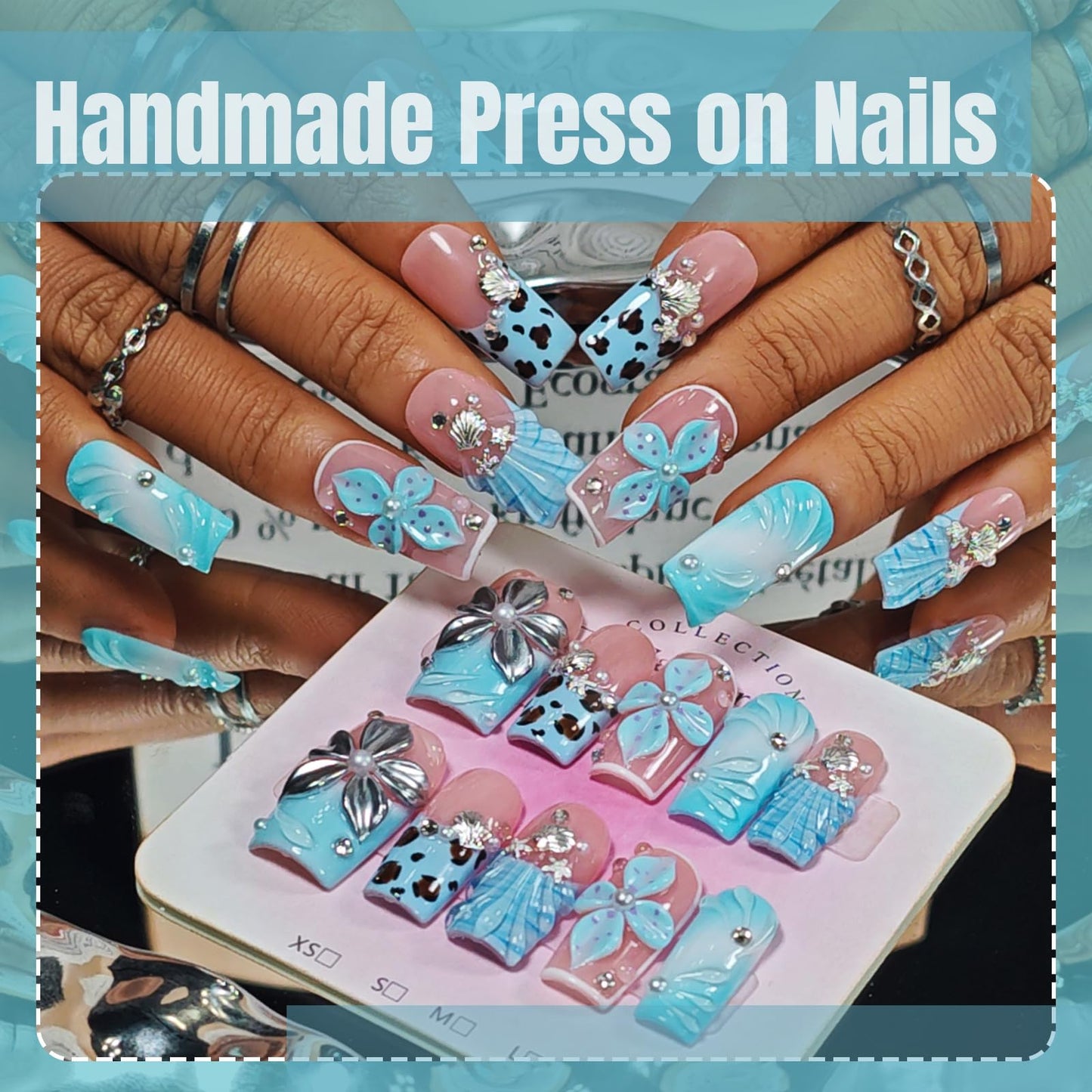 Handmade Press On Nails Square, Blue Press On Nails Medium, 3D Acrylic Nails French Tip Silver Flower Shell Leopard For Women Gift, Reusable Stick On Fake Nails Kit With Nail Glue(Tidal Blossom-M)