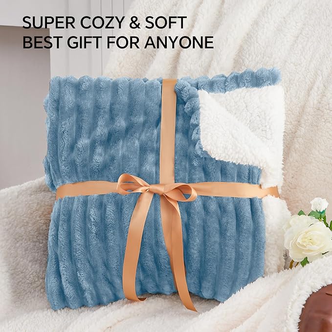 INFIIXSO Sherpa Fleece Queen Size Blanket - Super Soft & Warm Striped Fleece, Cozy Plush Fluffy Large Bed Blanket All Season Use (Light Blue, 90x90 Inches)