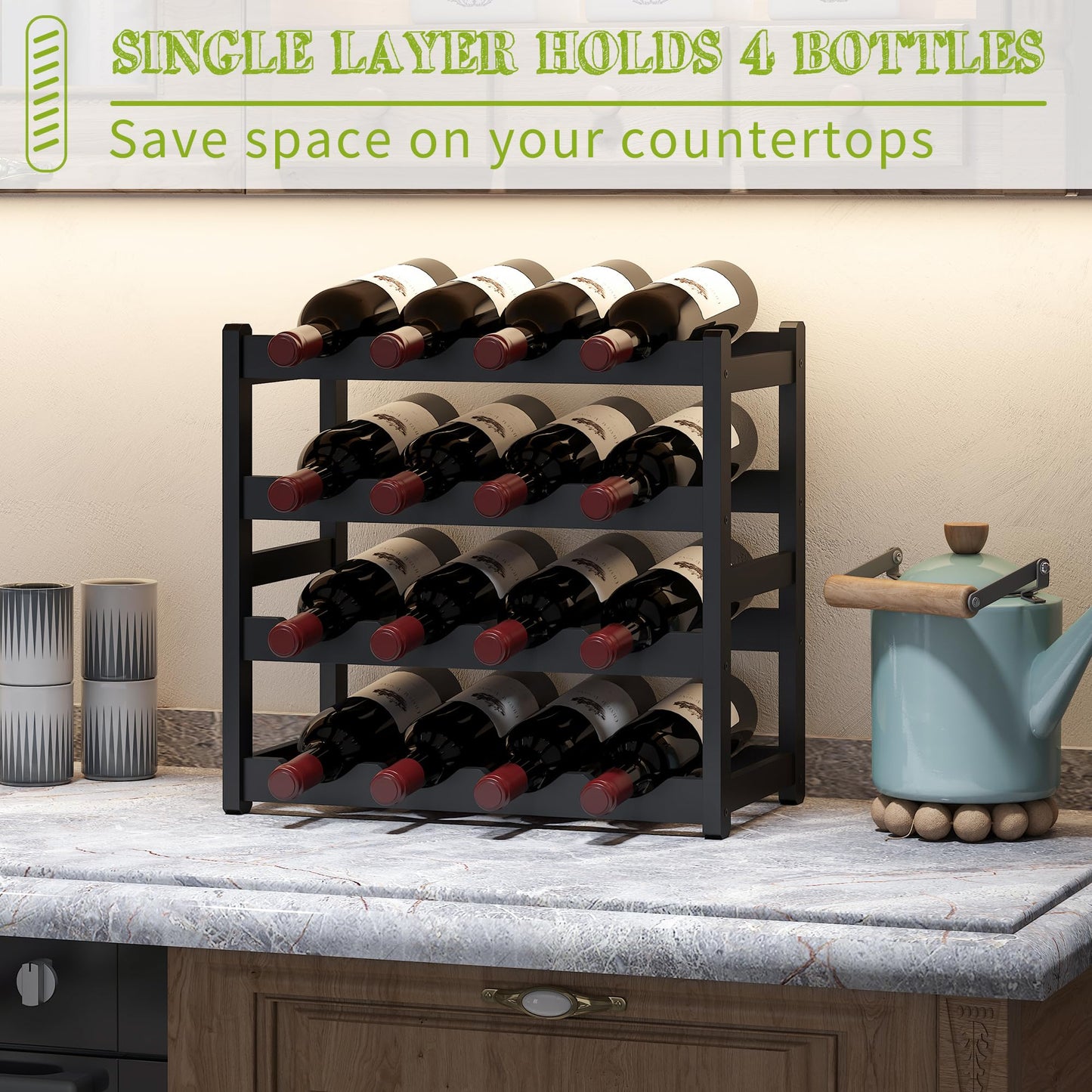 BMOSU Bamboo Wine Rack Wine Storage Cabinet Shelf 16 Bottle Wine Racks Countertop Sturdy for Kitchen Dining Room Pantry - 4 Tiers Wine Rack(Black)