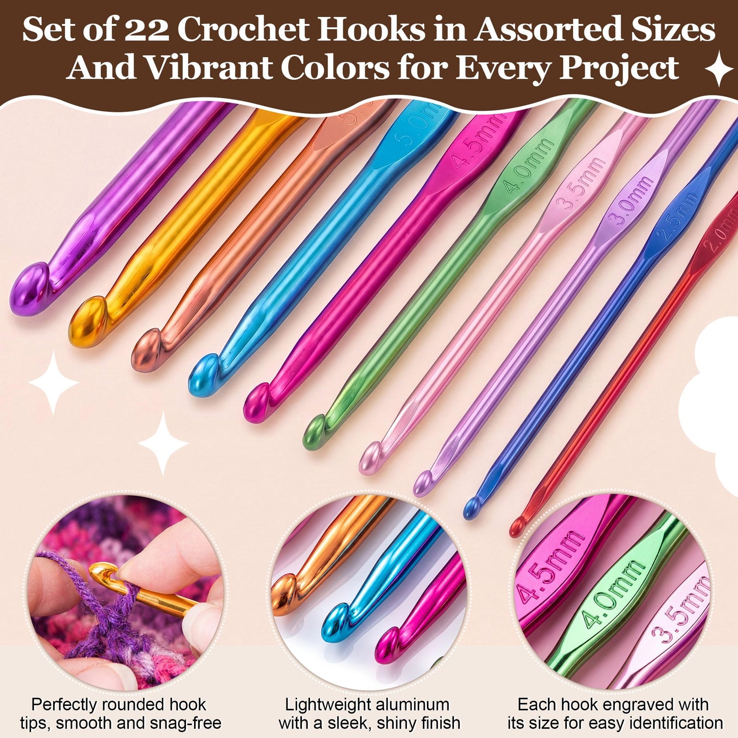 Dunkive 22-Piece Crochet Hooks Set with Case and Complete Knitting Accessories Kit, Aluminum Ergonomic Crochet Hooks, Stitch Holders, Needles & Stitch Markers for Beginners and Arthritic Hands