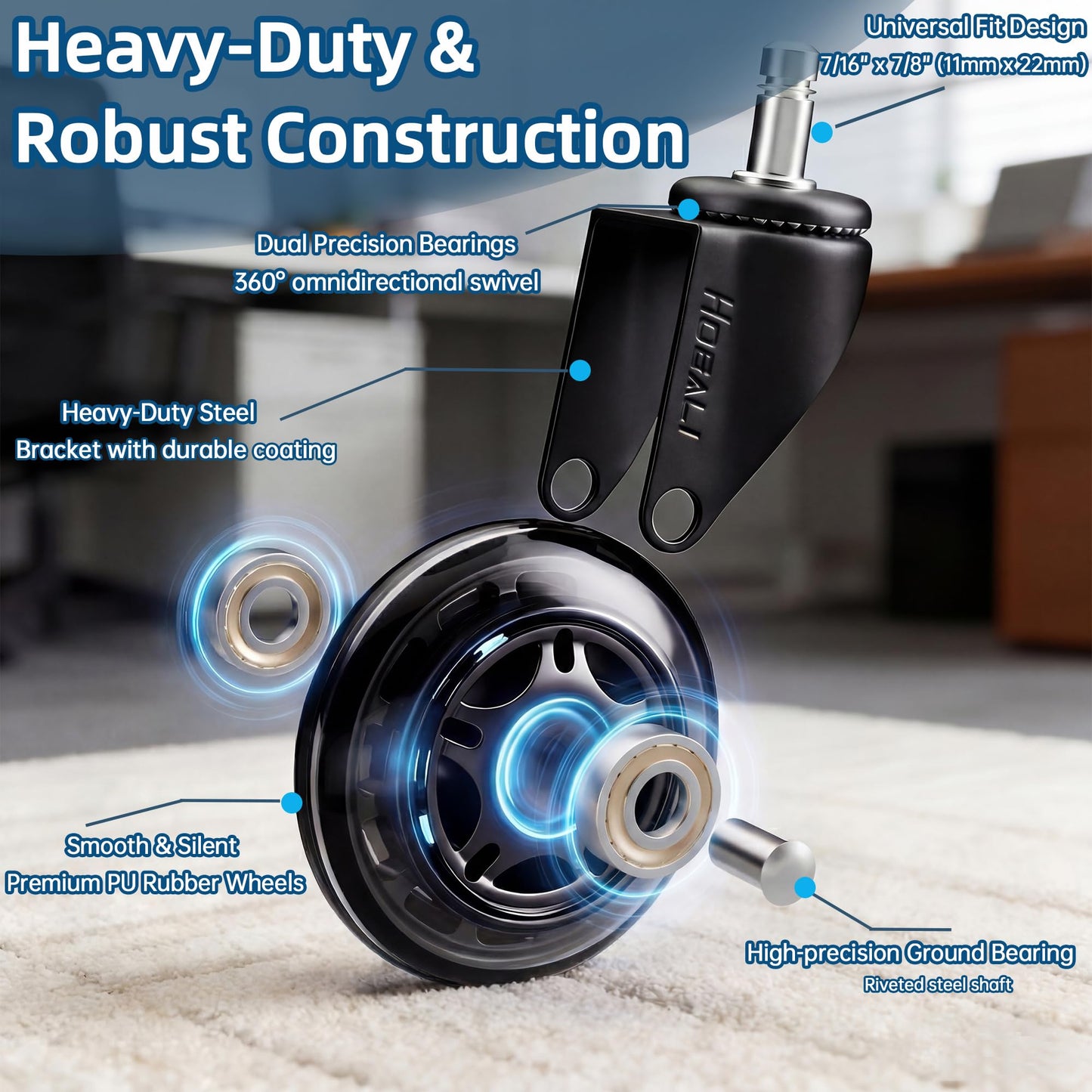 HOSALI 3 Inch Office Chair Wheels - Rubber Chair Casters Replacement, Heavy-Duty Computer Gaming Desk Caster Wheel Smooth & Safe Rolling for All Floors Including Hardwood and Carpet, Set of 5
