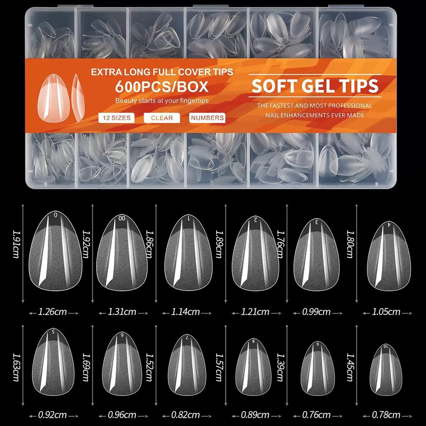 Short Almond Nail Tips, 600pcs Soft Nail Gel Tips Pre-Shaped Acrylic Fake Nails, Half Matte Full Cover Clear Jelly Press on False Nail Tips for Extension Nail Manicure Home DIY 12 Sizes for Women